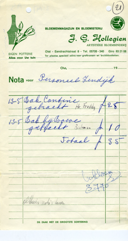 Bekijk detail van "Nota met briefhoofd: Bloemenmagazijn en bloemisterij J.G. Hollegien, 1970"