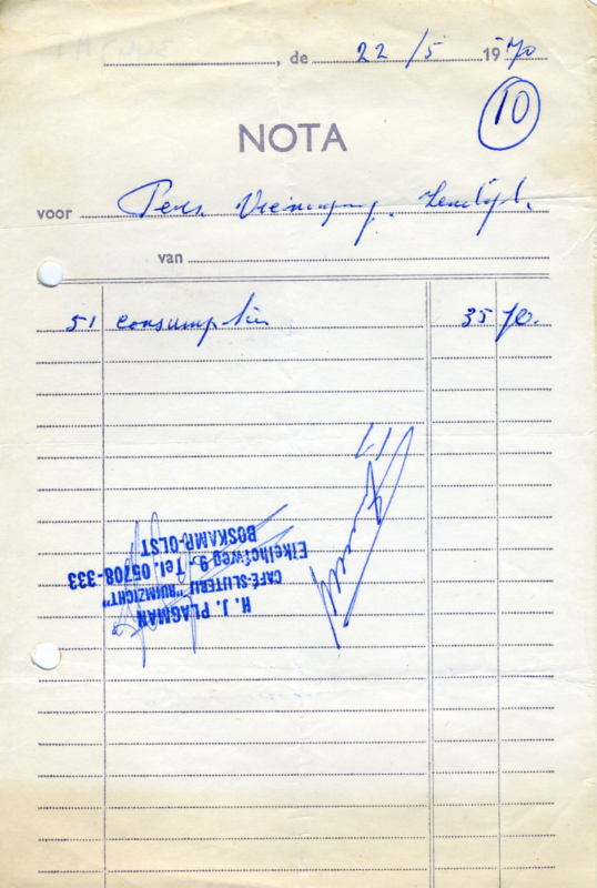 Bekijk detail van "Nota met stempel: H.J. Plagman Café-Slijterij Ruimzicht, 1970"