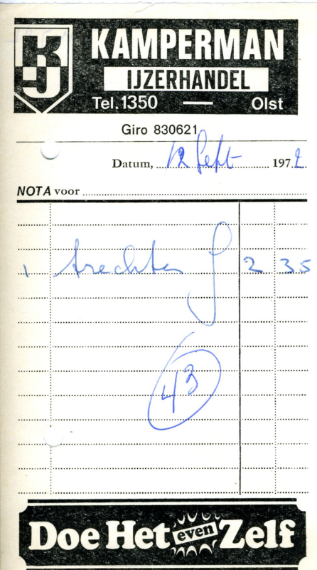 Bekijk detail van "Nota met briefhoofd Kamperman <span class="highlight">IJzerhandel</span>, 1972"