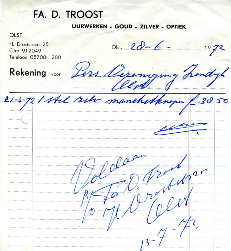 Bekijk detail van "Rekening met briefhoofd: Fa. D. Troost, 1972"