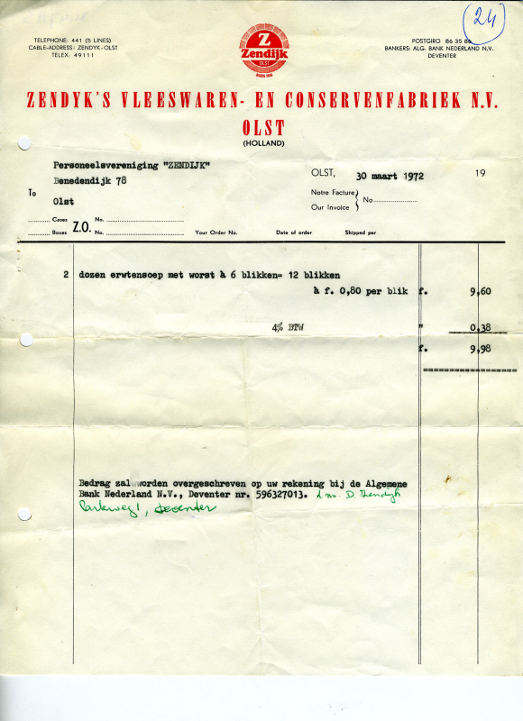 Bekijk detail van "Rekening met briefhoofd: Zendijk's Vleeswaren- en Conservenfabriek n.v., 1972"