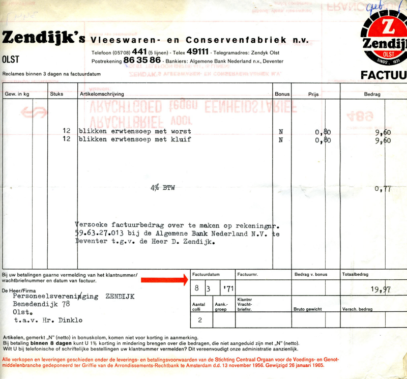 Bekijk detail van "Rekening met briefhoofd: Zendijk's Vleeswaren- en Conservenfabriek N.V., 1971"