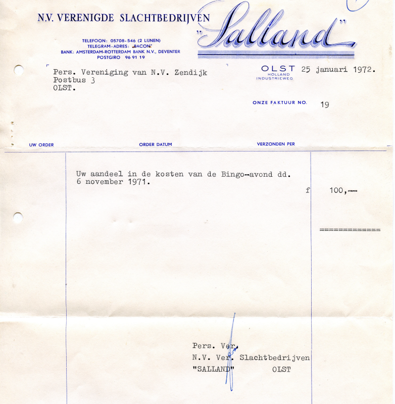 Bekijk detail van "Rekening met briefhoofd: N.V. Verenigde Slachtbedrijven 'Salland' Olst, 1972"