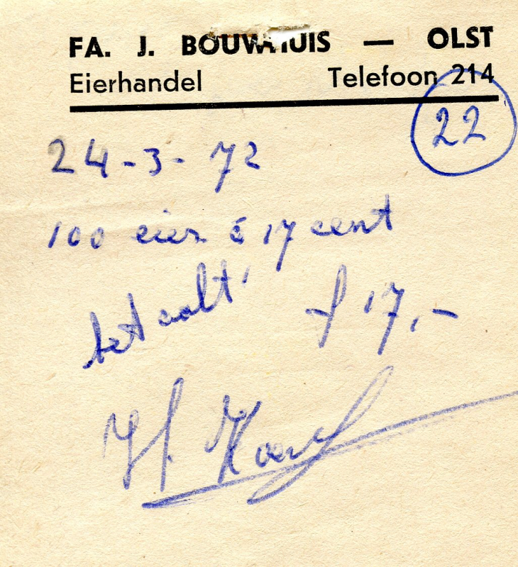 Bekijk detail van "Briefje: Fa. J. Bouwhuis - Olst <span class="highlight">Eierhandel</span>, 1972"