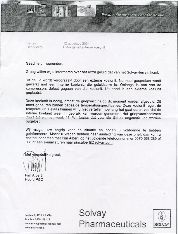 Bekijk detail van "Brief aan omwonenden van Solvay Pharmaceuticals, 2004"