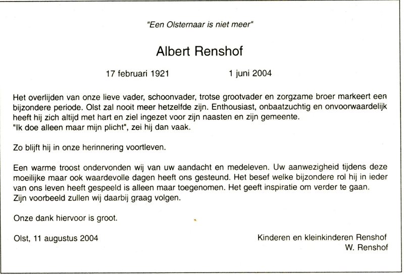 Bekijk detail van "Dankbetuiging aanwezigheid condoleren overlijden Albert Renshof, 2004"