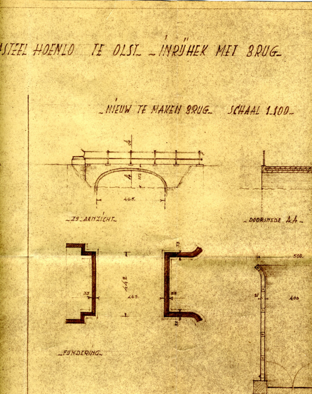 Bekijk detail van "Bouwtekening nieuw te maken inrijhek met brug Kasteel Hoenlo, 1949"