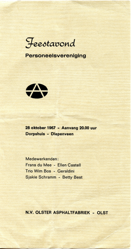 Bekijk detail van "Programma feestavond personeelsvereniging N.V. Olster Asphaltfabriek - <span class="highlight">Olst</span>, 1967"