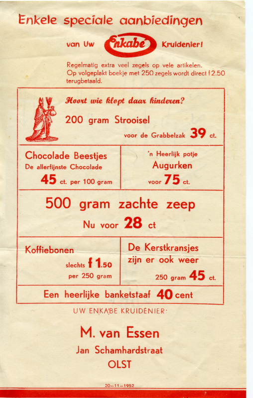 Bekijk detail van "Reclamefolder Uw Enkabé kruidenier M. <span class="highlight">van</span> Essen, 1952"