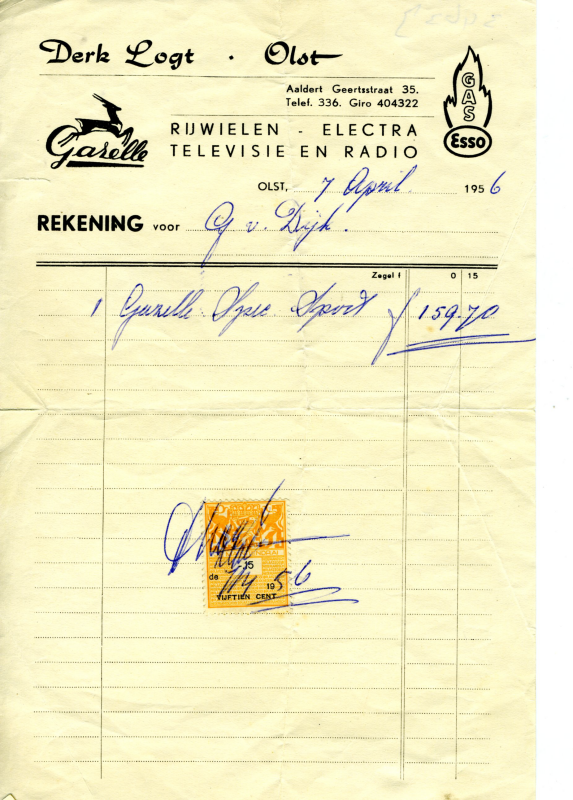 Bekijk detail van "Rekening met briefhoofd: Derk Logt <span class="highlight">Olst</span>, 1956"