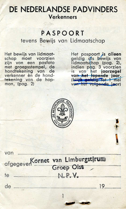 Bekijk detail van "Paspoort tevens bewijs van lidmaatschap Kornet van Limburgstirum Groep Olst NPV, 1965"