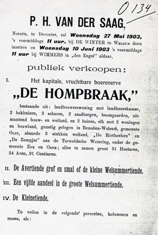 Bekijk detail van "Publieke verkoop van het kapitale, vruchtbare boerenerve 'De Hombraak',  gelegen in Beneden Welsum, 1903"