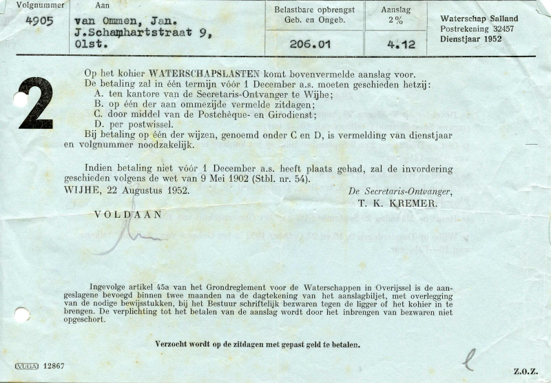 Bekijk detail van "Aanslagbiljet Waterschap Salland: Waterschapslasten, 1952."