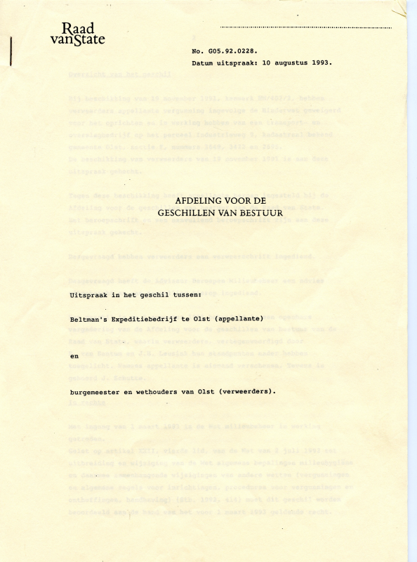 Bekijk detail van "Uitspraak in het geschil tussen Beltman's Expeditiebedrijf en B.& W. van Olst, 1993"
