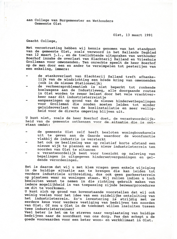Bekijk detail van "<span class="highlight">Correspondentie</span> tussen bewoners van de Industrieweg en De Gaarde met college Burgemeester en Wethouders van Olst, 1991."