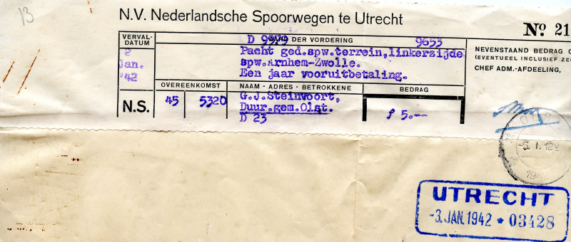 Bekijk detail van "Bewijs betaling <span class="highlight">pacht</span> voor gedeelte spoorweg terrein, linkerzijde - spw. Arnhem - Zwolle, 1942."