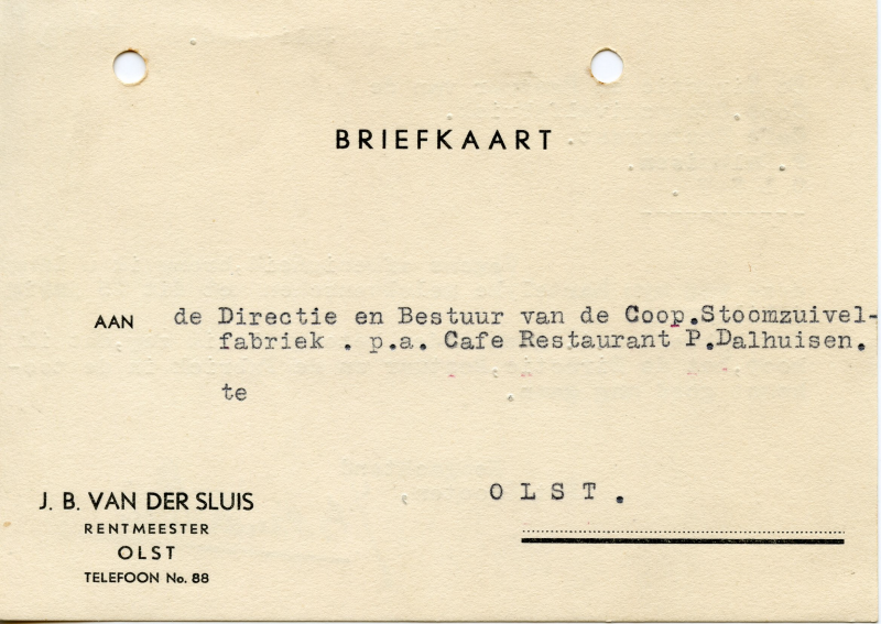 Bekijk detail van "Briefkaart met logo: J.B. van der Sluis Rentmeester Olst, 1936 - 1939"