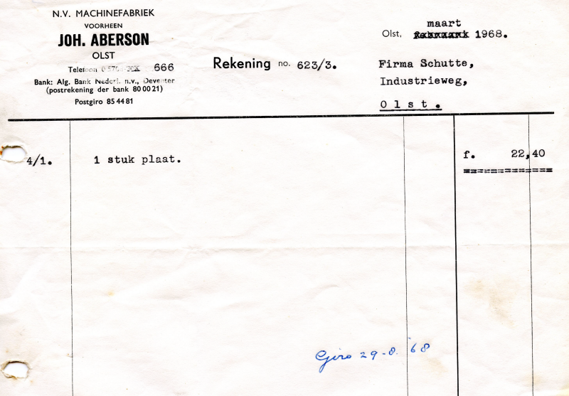 Bekijk detail van "Rekening met briefhoofd: N.V. Machinefabriek voorheen                    Joh. Aberson Olst, 1968"