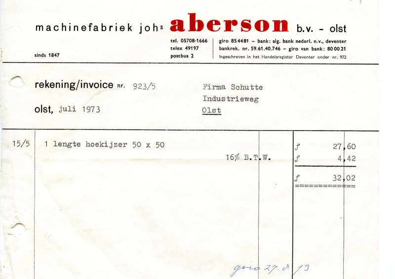 Bekijk detail van "Rekening met briefhoofd: Machinefabriek Joh.'s Aberson b.v. Olst, 1973"