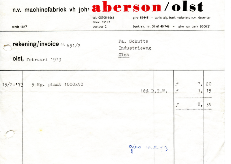 Bekijk detail van "Rekening met briefhoofd: n.v. machinefabriek vh Joh's Aberson/Olst, 1973"