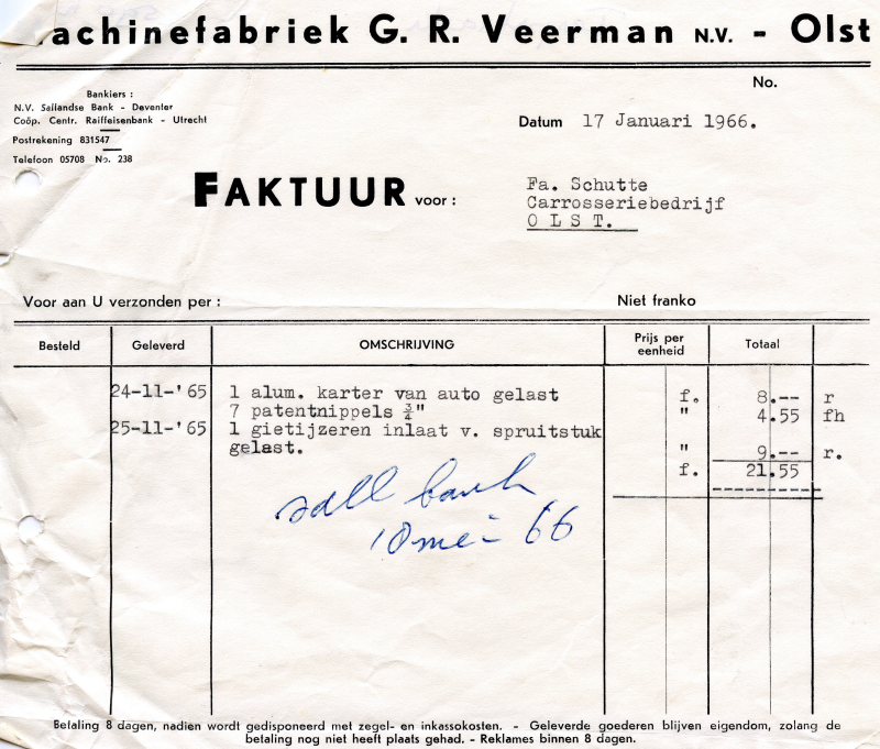 Bekijk detail van "Faktuur met briefhoofd: Machinefabriek G.R. Veerman nv. - Olst, 1966"