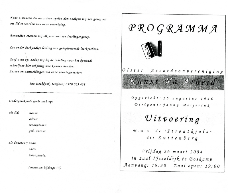 Bekijk detail van "<span class="highlight">Programma</span> uitvoering Olster Accordeonvereniging Kunst na Arbeid, 2004"