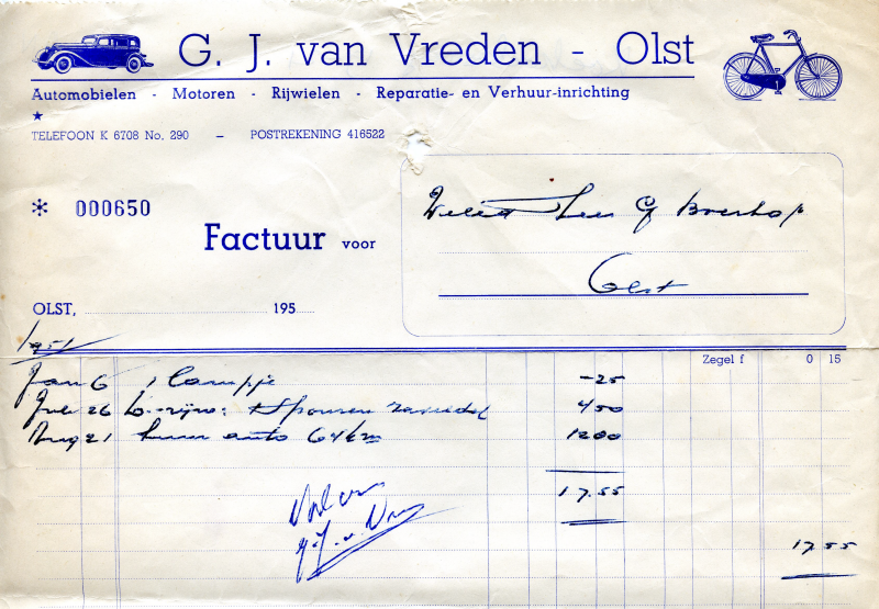 Bekijk detail van "Rekening met briefhoofd: G.J. van Vreden - <span class="highlight">Olst</span>, 1951 - 1952"