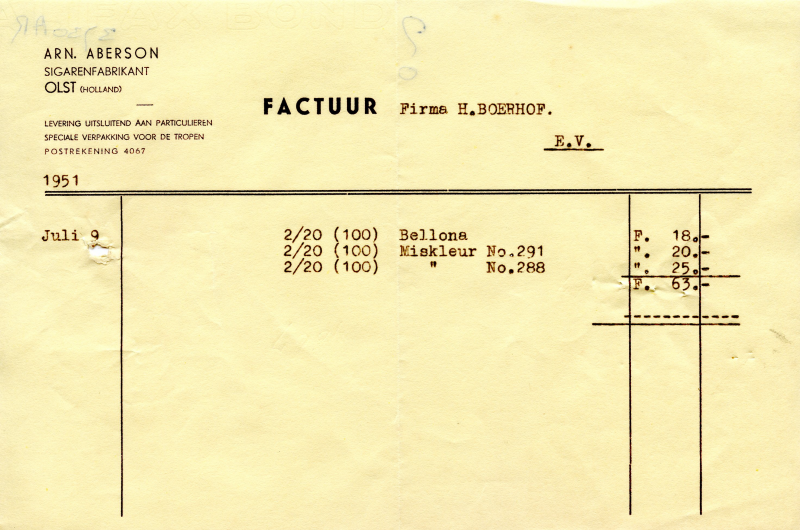 Bekijk detail van "Factuur met briefhoofd: Arn. Aberson, Sigarenfabrikant - <span class="highlight">Olst</span>, 1951"