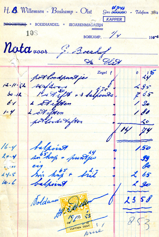 Bekijk detail van "Nota met briefhoofd: H.B. Willemsen - Boskamp - <span class="highlight">Olst</span>, 1953"