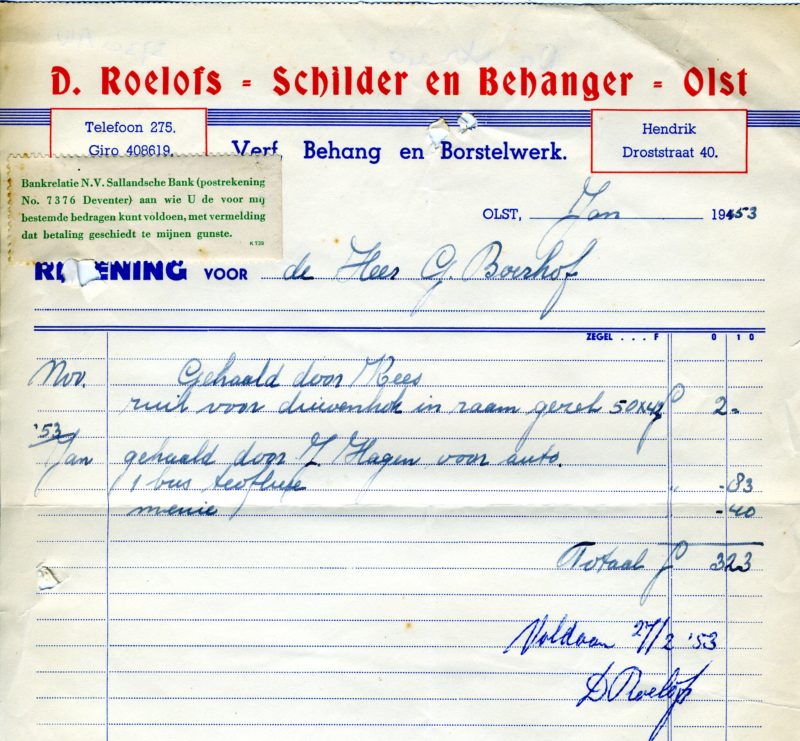 Bekijk detail van "Rekening met briefhoofd: D. Roelofs - Schilder en Behanger - <span class="highlight">Olst</span>, 1952 - 1953"