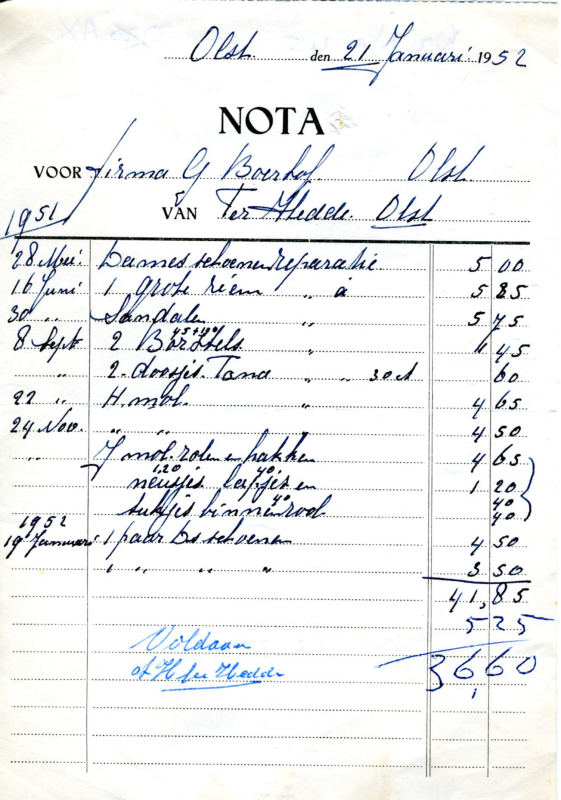 Bekijk detail van "Nota van Ter Hedde, Schoenwinkel - <span class="highlight">Olst</span>, 1952"