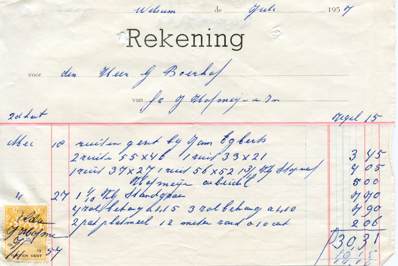 Bekijk detail van "Rekening van Joh. Hofmeijer en Zn., <span class="highlight">schilder</span> Welsum, 1954 - 1957"