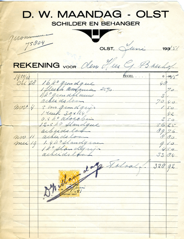 Bekijk detail van "Rekening met briefhoofd: D.W. Maandag - <span class="highlight">Olst</span>, 1951"