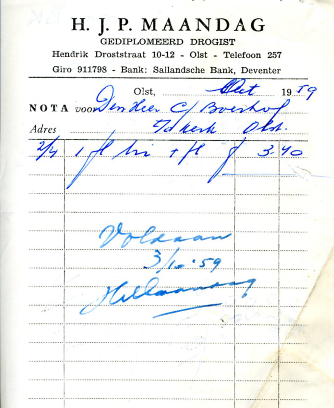 Bekijk detail van "Nota: H.J.P. Maandag, gediplomeerd drogist, 1959"