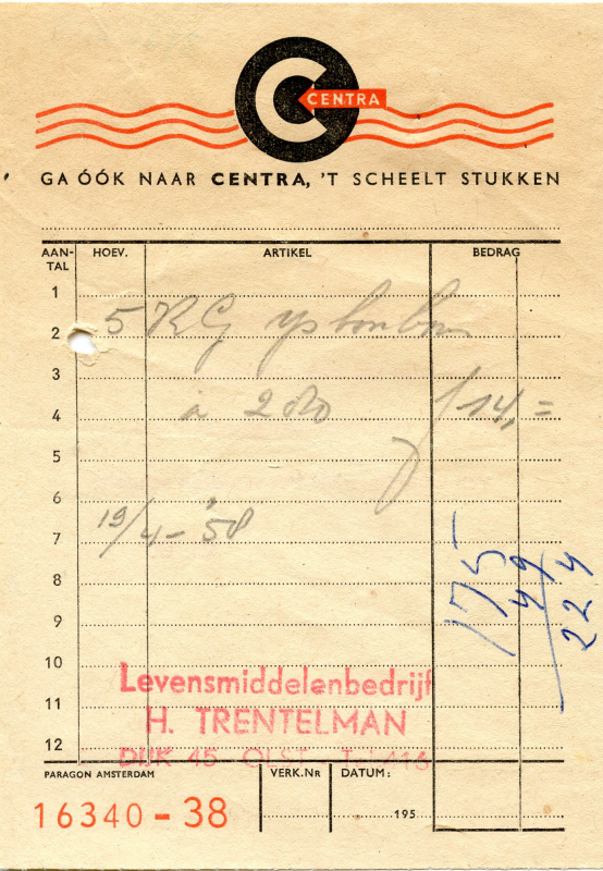 Bekijk detail van "Nota met stempel: Levensmiddelenbedrijf H. Trentelman, 1958"