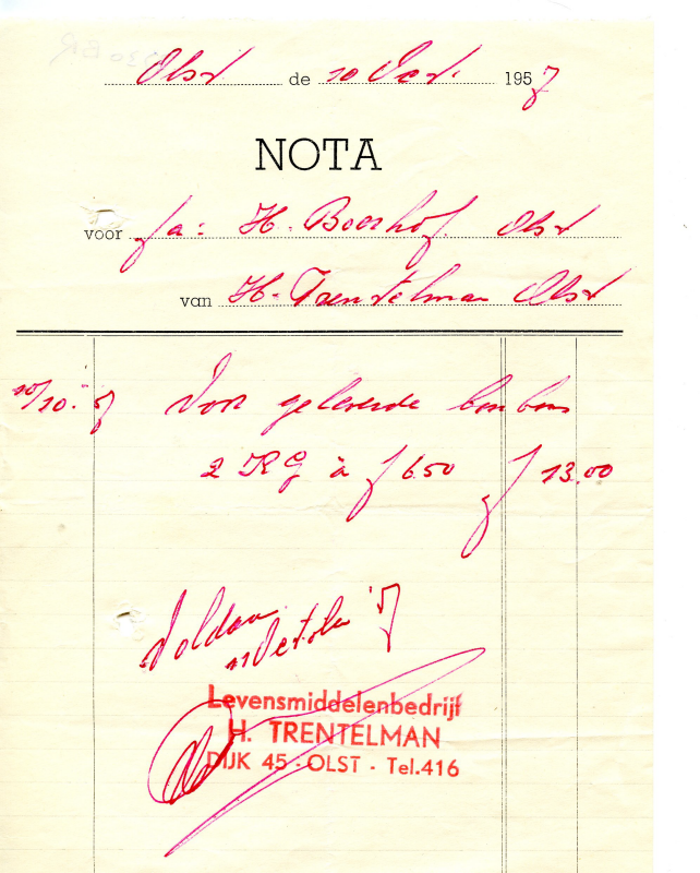 Bekijk detail van "Nota met stempel: Levensmiddelebedrijf H. Trentelman, 1957"