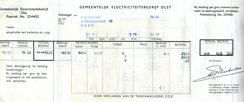 Bekijk detail van "Kwitantie Gemeentelijk Electriciteitsbedrijf Olst, 1956"