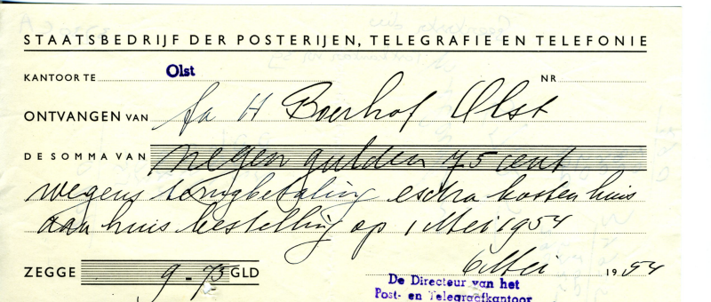 Bekijk detail van "Kwitantie met stempel : De Directeur van het Post- en telegraafkantoor te <span class="highlight">Olst</span>, 1954"