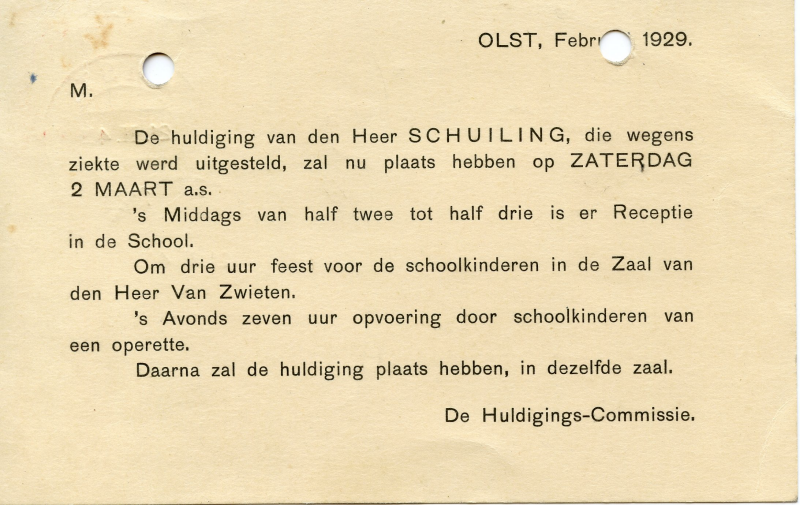 Bekijk detail van "Uitnodiging voor huldiging van den heer Schuiling, 1929"