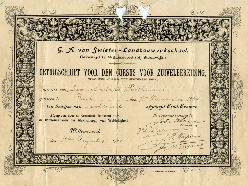 Bekijk detail van "Getuigschrift voor den cursus voor zuivelbereiding uitgereikt aan Jan Andries Posthumus, 1901"