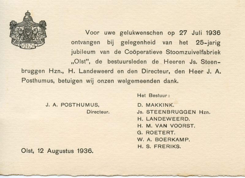 Bekijk detail van "Bedankje voor de gelukwensen t.g.v. het 25 jarig bestaan van de Coöp. Stoomzuivelfabriek Olst, 1936"