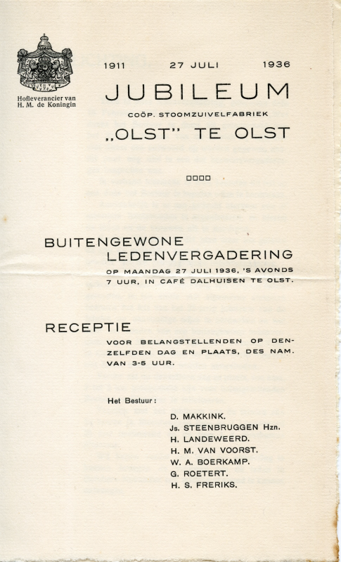 Bekijk detail van "Uitnodiging buitengewone ledenvergadering Coöp. Stoomzuivelfabriek Olst t.g.v. 25 jarig jubileum, 1936"