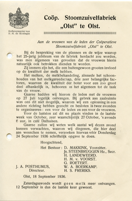 Bekijk detail van "Uitnodiging aan de vrouwen van de leden der Coöp. Stoomzuivelfabriek Olst t.g.v. het 25-jarig bestaan, 1936"