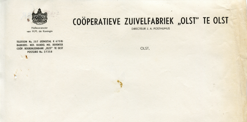 Bekijk detail van "Briefpapier: Coöperatieve Zuivelfabriek '<span class="highlight">Olst</span>' te <span class="highlight">Olst</span>, 1934"