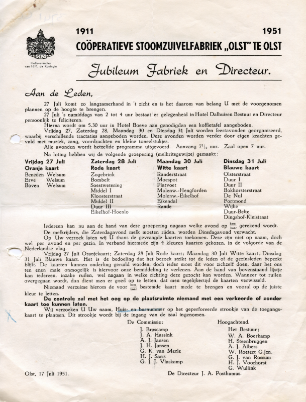 Bekijk detail van "Brief aan de <span class="highlight">leden</span> van de Coöperatieve Stoomzuivelfabriek 'Olst' i.v.m. het 40 jarig bestaan van de fabriek, 1951"