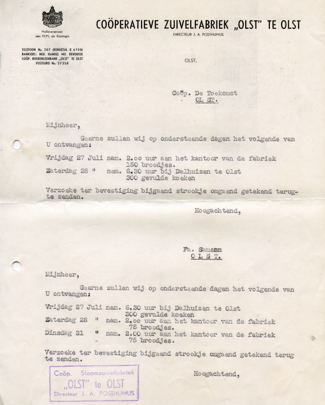 Bekijk detail van "Lijst met inkopen voor de inwendige mens tijdens de festiviteiten t.g.v. het 40-jarig bestaan van de Coöp. Zuivelfabriek <span class="highlight">Olst</span>, 1951"