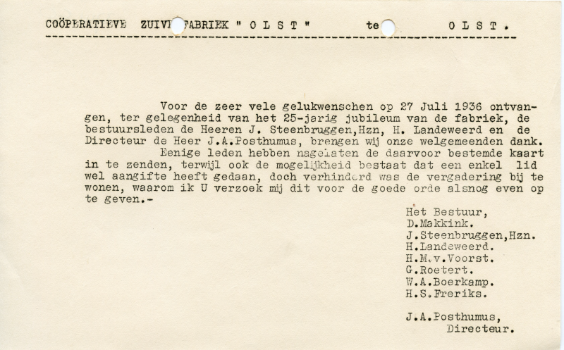 Bekijk detail van "Bedankje voor gelukwensen t.g.v. het 25-jarig bestaan van de Coöperatieve Zuivelfabriek Olst, 1936"