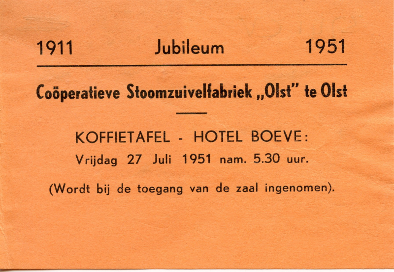 Bekijk detail van "Opgavekaart voor koffietafel/feestavond t.g.v. het 40-jarig bestaan van de Coöperatieve Zuivelfabriek <span class="highlight">Olst</span>, 1951"