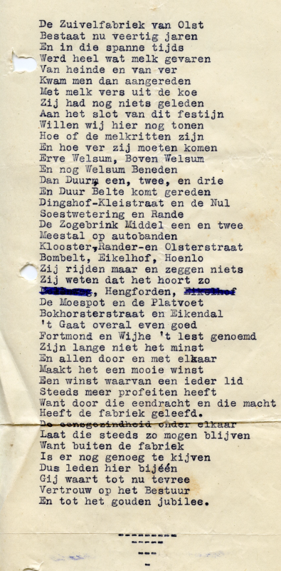 Bekijk detail van "<span class="highlight">Gedicht</span> over alle richtingen vanwaar de melkrijders komen om de melk naar de Coöp. Zuivelfabriek te Olst te brengen, 1951"