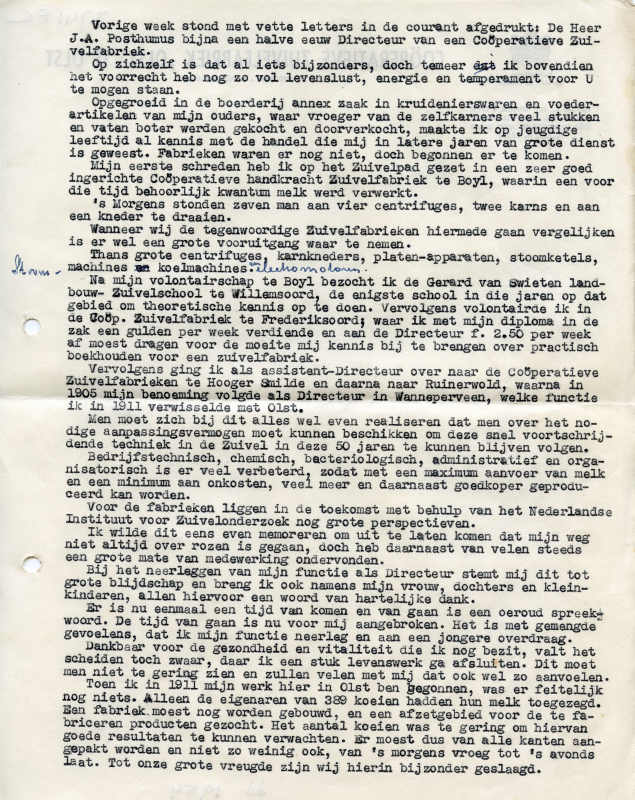 Bekijk detail van "<span class="highlight">Toespraak</span> gehouden door dhr. J.A. Posthumus, i.v.m. zijn afscheid als directeur van de Coöp. Zuivelfabriek Olst,1954"